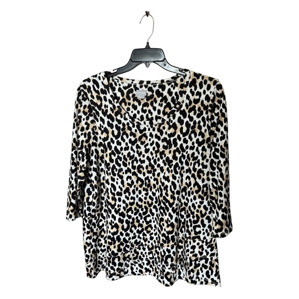 Chico's Cotton-Blend Black/Brown Animal Print 3/4 Sleeve Shirt Top Size 3 or XL